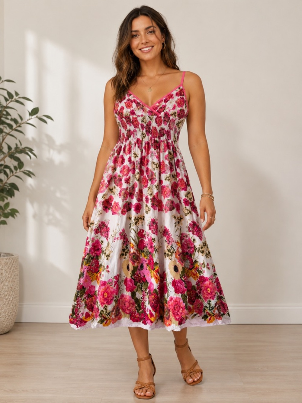 Speed Control Pink and White Floral Smocked Midi Dress